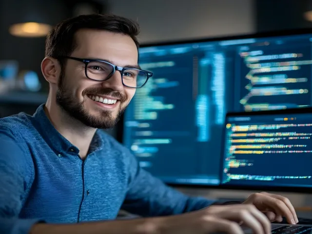 Desenvolvedor sorrindo olhando para tela do computador enquanto há dois monitores com códigos CSS na esquerda