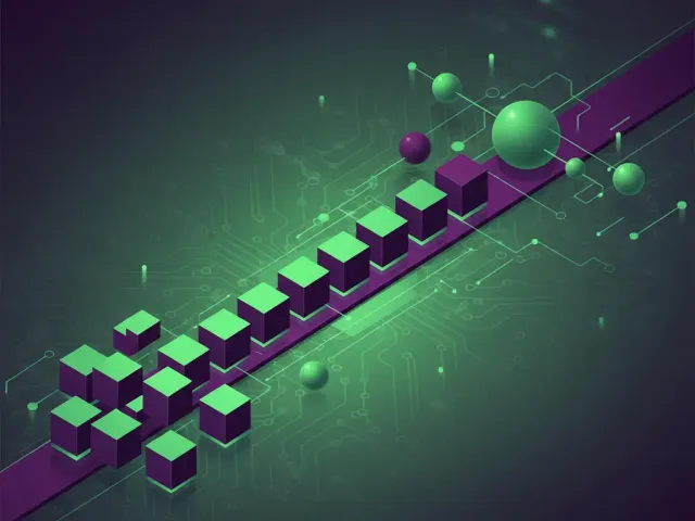 Ilustração digital moderna com blocos de dados cúbicos verdes e esferas roxas e verdes se organizando em uma linha e formando conexões em uma rede. O fundo escuro possui um padrão de circuito, e a paleta de cores verde e roxo vibrantes transmite ordem e eficiência na organização de dados.