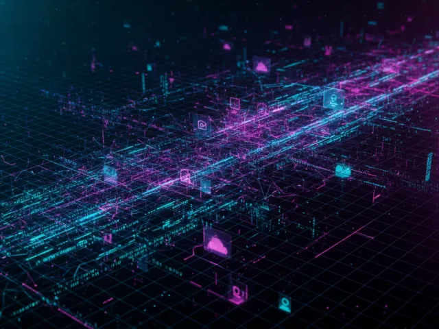 Uma visualização abstrata de uma rede digital ou placa de circuito em perspectiva, brilhando intensamente com luzes neon nas cores roxa (magenta) e ciano (azul-esverdeado). Ícones flutuantes representando nuvem, documentos e usuários estão espalhados ao longo das linhas de dados, sugerindo conectividade e fluxo de informação em um ambiente de tecnologia.