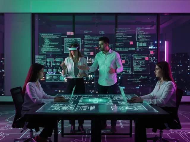 Cinco profissionais de tecnologia em uma sala de reuniões futurista com grandes janelas que revelam uma cidade noturna. Uma mulher no centro usa óculos de realidade virtual e interage com projeções holográficas de código e dados. Um homem ao lado dela gesticula, enquanto duas mulheres sentadas à mesa trabalham em laptops com teclados e superfícies que brilham com padrões de circuito digital. O chão também apresenta iluminação de circuito, seguindo uma paleta de cores verde e roxo.