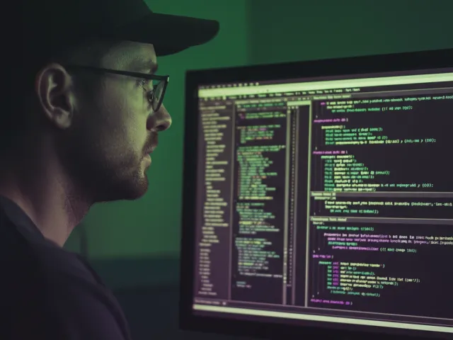 Um programador ou desenvolvedor usando óculos e boné, sentado de perfil, focado em múltiplos monitores que exibem linhas de código e dados em uma interface escura. A imagem está com um filtro de tons verdes e roxos escuros, realçando a atmosfera de desenvolvimento ou cibersegurança.