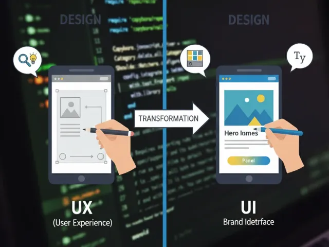 Diagrama visual de transformação de UX para UI, com dois smartphones. O da esquerda representa o UX (User Experience) com um wireframe de baixa fidelidade sendo desenhado. O da direita representa o UI (User Interface) com um design final de alta fidelidade e identidade de marca. A imagem está com um filtro de tons verdes e roxos escuros.
