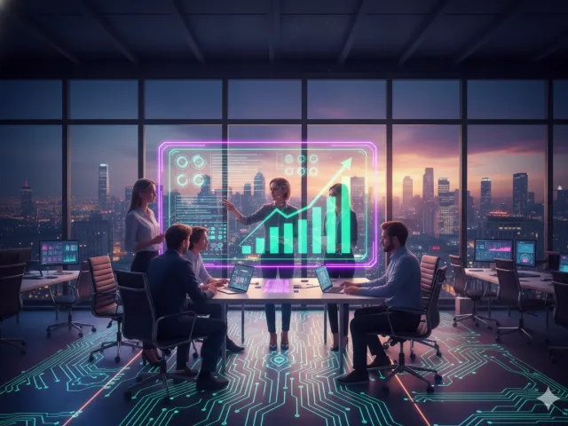 "Uma equipe de cinco profissionais de tecnologia, três homens e duas mulheres, está reunida em uma sala de reuniões moderna com grandes janelas que oferecem uma vista panorâmica de uma cidade ao anoitecer. Uma mulher no centro da imagem aponta para um gráfico de barras e linhas holográfico e futurista, que mostra crescimento e dados tecnológicos, pairando sobre a mesa. Os outros membros da equipe estão sentados ou em pé ao redor da mesa, alguns com laptops abertos. O chão da sala é iluminado com padrões de circuito digital em tons de azul e verde neon, sugerindo um ambiente de alta tecnologia."