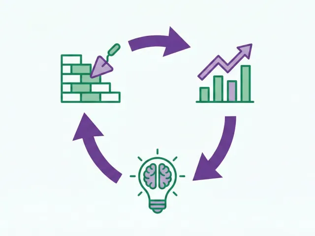 Um diagrama de fluxo circular ilustrando o ciclo de MVP, com três ícones principais conectados por setas roxas. No topo, um ícone de construção com uma espátula e tijolos. No lado direito, um ícone de gráfico de barras e linhas com uma seta de tendência ascendente. Na parte inferior, um ícone de lâmpada com um cérebro dentro. O esquema de cores usa verde para os ícones e roxo para as setas, contra um fundo branco limpo.