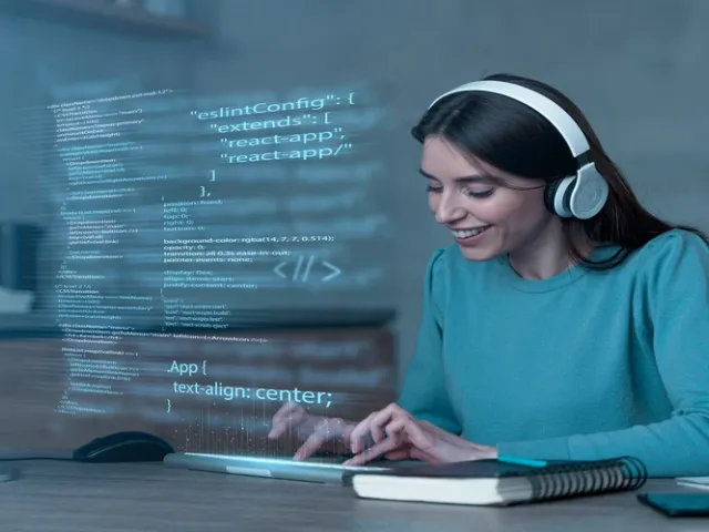 Mulher com fone de ouvido programando software em escritório
