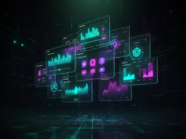 Composição abstrata de interfaces de usuário flutuantes, incluindo cartões, gráficos e painéis digitais, em um ambiente tecnológico escuro com iluminação em verde e roxo.