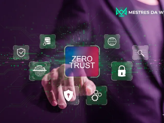Ilustração do conceito de segurança Zero Trust. No centro, um escudo verde com o texto 'Zero Trust'. Ao redor, ícones representando usuários e dispositivos são verificados por setas contínuas. Um globo terrestre estilizado em tons de roxo está ao fundo. Logo da Mestres da Web no canto superior direito.