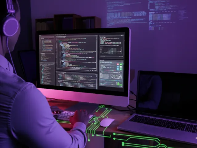 Um desenvolvedor de software é visto de costas, usando fones de ouvido e trabalhando em frente a um monitor de computador que exibe várias linhas de código e gráficos. Há um laptop ao lado do monitor e um mouse com um circuito impresso estilizado em verde neon na mesa. A cena é iluminada com tons de roxo e verde neon, criando uma atmosfera tecnológica.