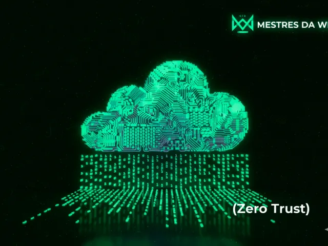 Ilustração de computação em nuvem. Um ícone de nuvem verde no centro é cercado por outros ícones que representam bancos de dados, servidores e dispositivos conectados, demonstrando um ecossistema de dados interligado. O fundo tem um tom verde escuro. Logo da Mestres da Web no canto superior direito.
