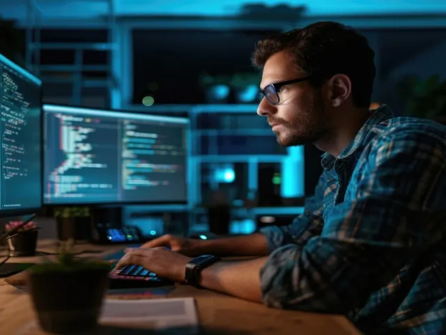Desenvolvedor com 3 monitores desenvolvendo software